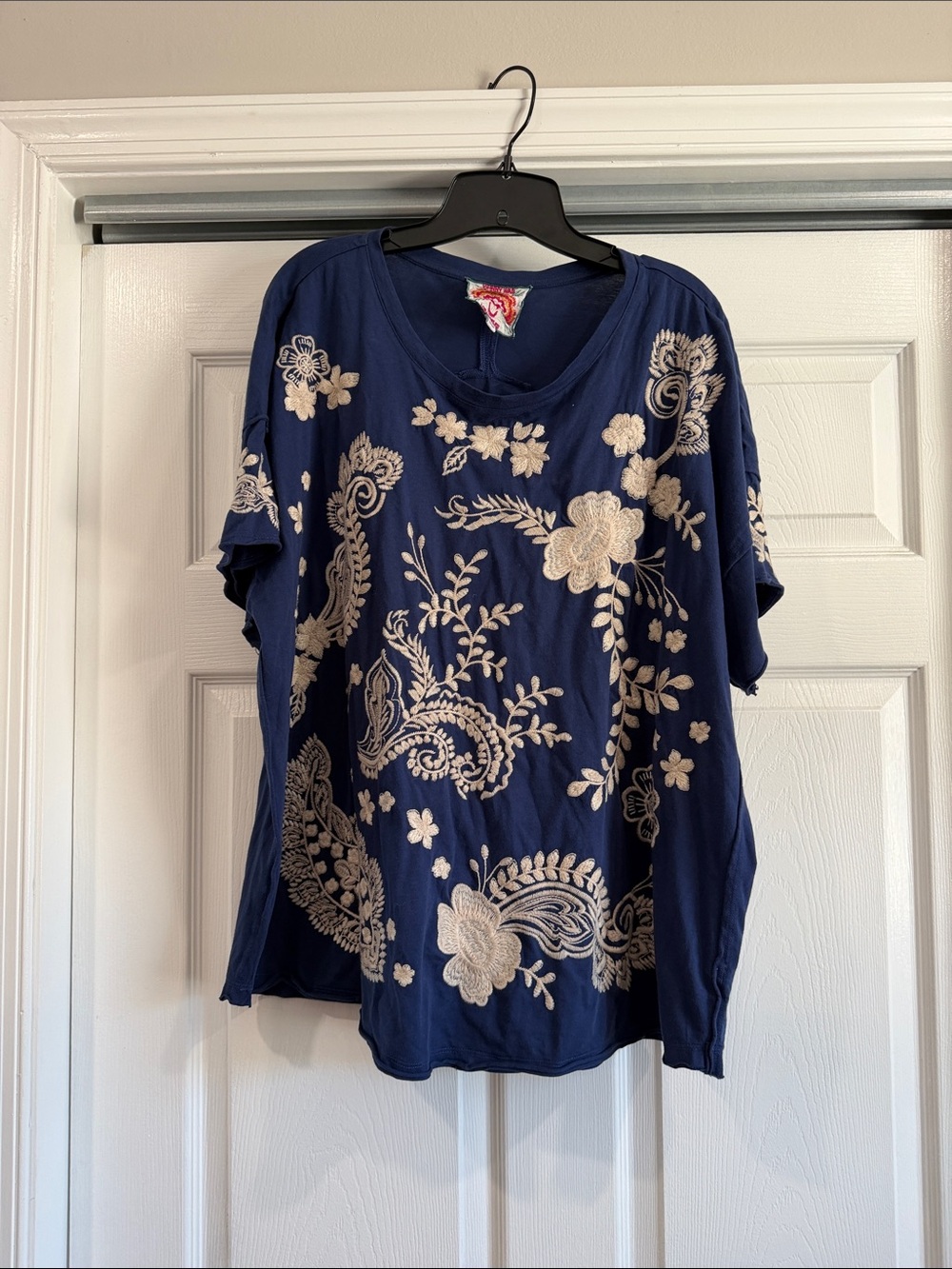 Johnny Was Navy Short Sleeve Floral Embroidered Tee